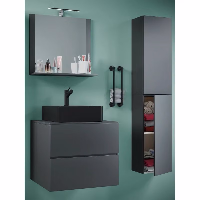 Set da bagno EZOOZA 4 pezzi composto da mobile sospeso con 2 cassetti, lavabo grande in ceramica nera, colonna e specchio, colore Antracite – 2