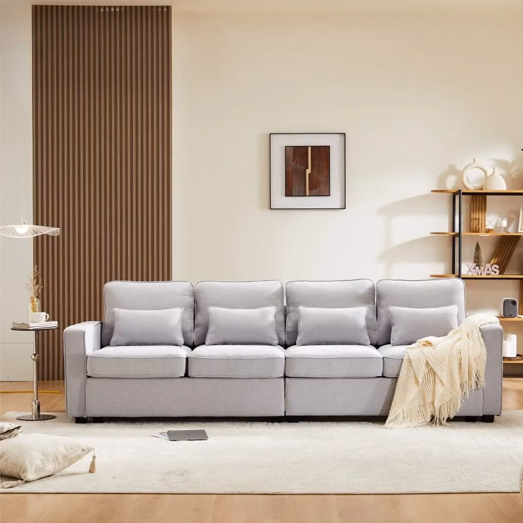 Divano 4 Posti Chicfurn in Lino Grigio con Tasche Laterali e 4 Cuscini Lombari L/P/H: 264 x 83 x 87 cm – 2