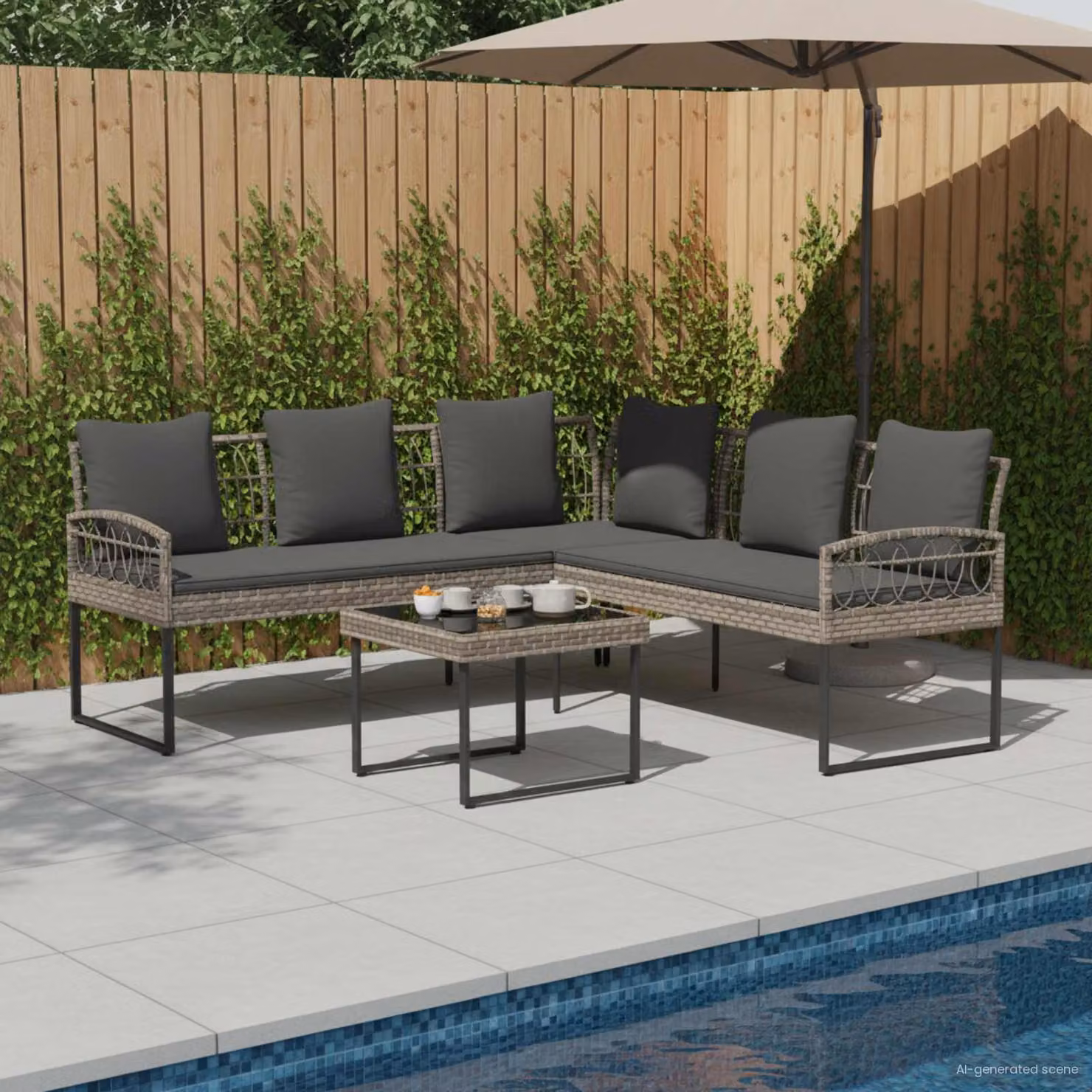 Set Divano da Giardino a L vidaXL con Tavolino in Rattan e Acciaio, Grigio e Nero, con Cuscini Inclusi e Rivestimenti Rimovibili – 1