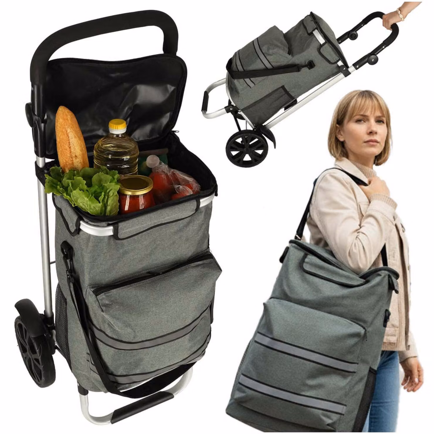 Carrello per la spesa con ruote e struttura in metallo, grigio, altezza 100 cm