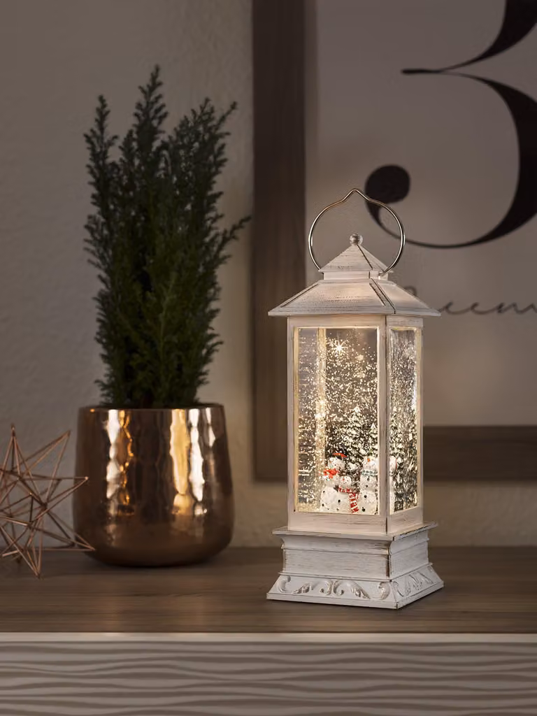 Lanterna LED ad acqua con pupazzo di neve - 1 LED bianco caldo - 27,5 cm - timer - batteria - interno - vintage - bianco