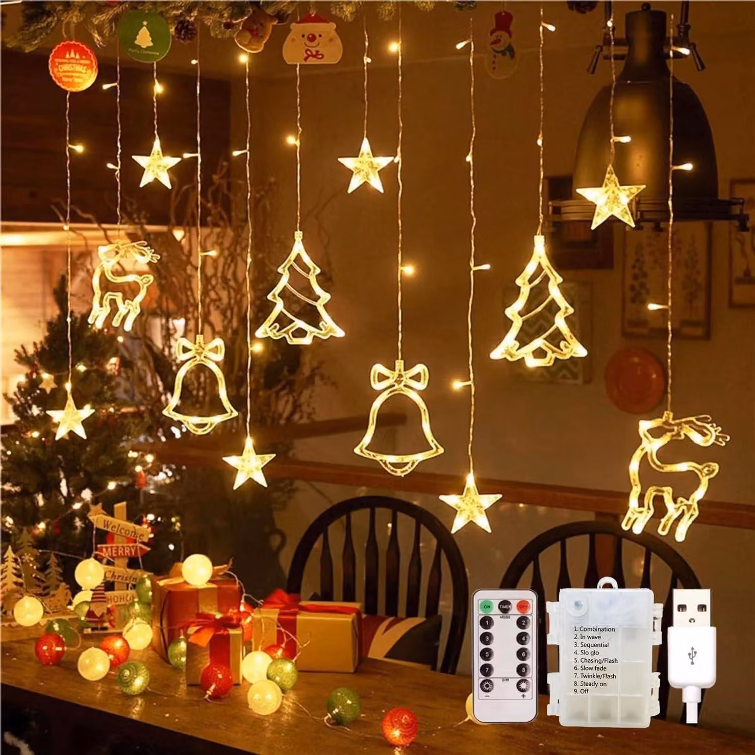 Luci a LED a cascata, 120 LED, luce bianco caldo, alimentazione USB/batterie, grado di protezione IP44, lunghezza 3,5 metri