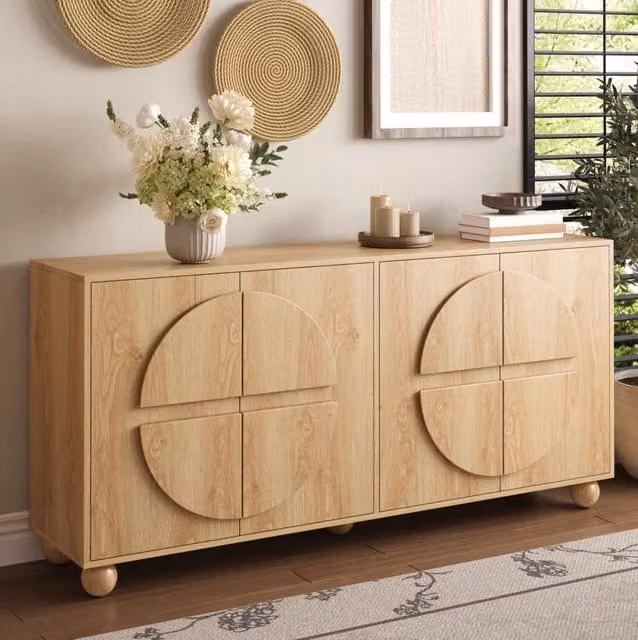 Credenza 160x38x76 cm in MDF e legno di pino naturale, 4 ante –