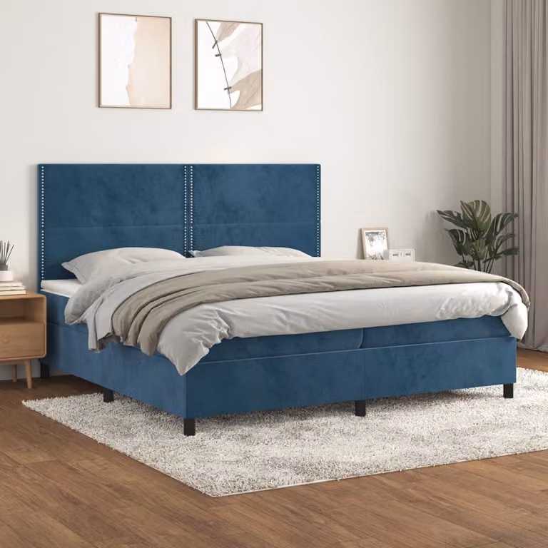 Letto con Giroletto a Molle e Materasso Ibrido vidaXL in Velluto Blu Scuro L/P/H: 200 x 200 x 203 cm