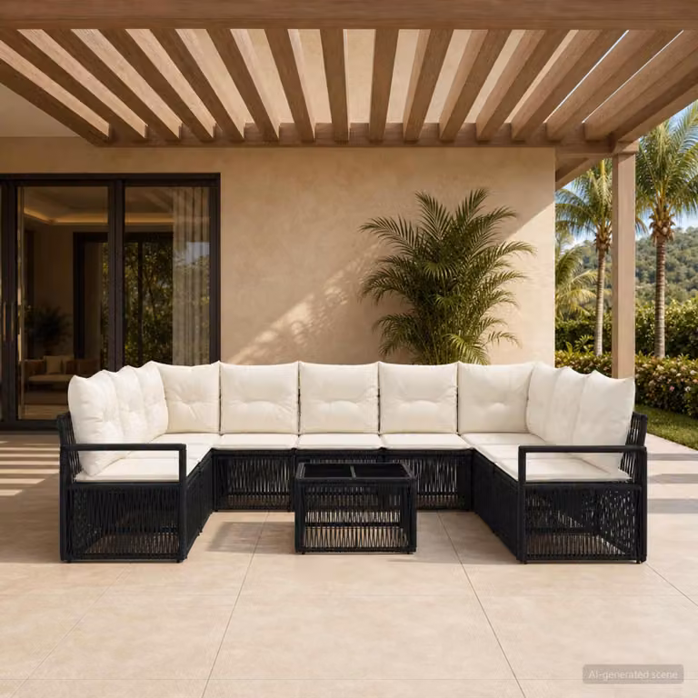 Set Divano da Giardino vidaXL a forma a U in Polyrattan Nero con Tavolino e Cuscini Imbottiti