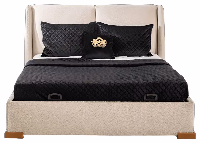 Edles Beiges Doppelbett Schlafzimmer Textilbett Holzgestell Möbel