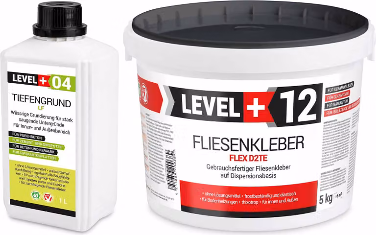 Set Finished Tile Adhesive 5kg LEVEL+ Deep Primer LF 1L Adesivo flessibile bianco SET205