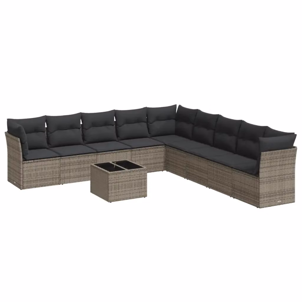vidaXL Set Divano da Giardino a L 10 pz in Polyrattan Grigio con Cuscini e Tavolino da Esterno – 2