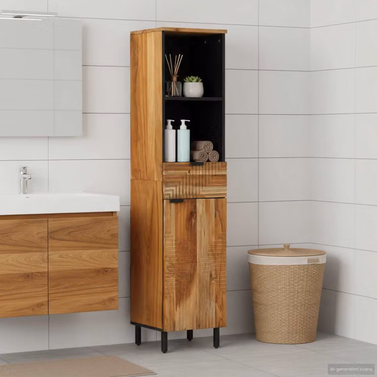 Mobile da bagno moderno vidaXL in legno di mango e metallo, marrone e nero, L: 38 cm, P: 33 cm, H: 160 cm