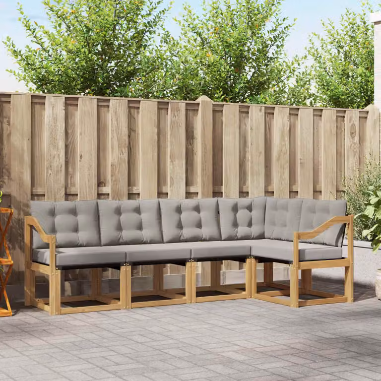 Set di divani da esterno vidaXL a forma di L in legno di acacia con cuscini bianchi e grigi