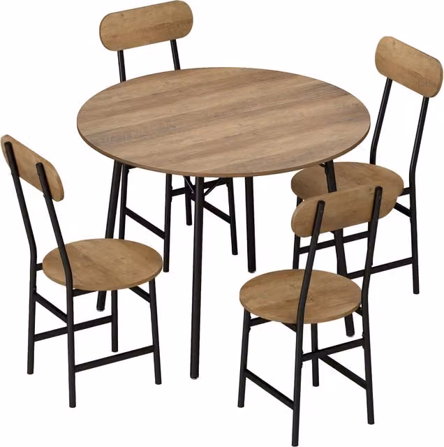 Set da pranzo GIORDANOSHOP composto da tavolo rotondo e 4 sedie in stile industrial con gambe in metallo nero e finitura legno marrone, L/P/H: 100 x 100 x 77 cm per tavolo e 42 x 52 x 88 cm per sedie – 1