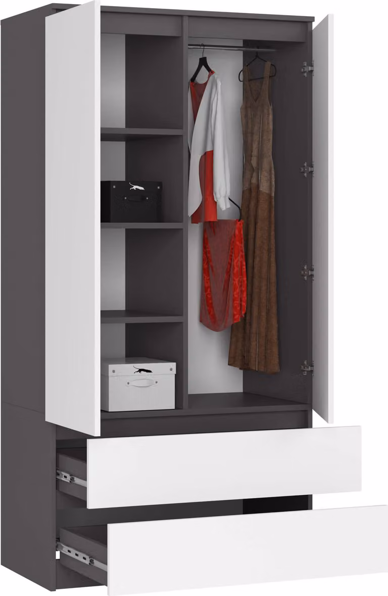 Armadio S90 da 90 cm, guardaroba a 2 ante e 2 cassetti, altezza 180 cm, CLP