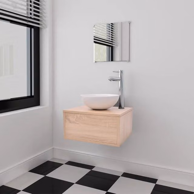 Set Mobili da Bagno vidaXL con Mobile Lavabo e Armadietto Specchio Beige e Bianco con Finitura Opaca