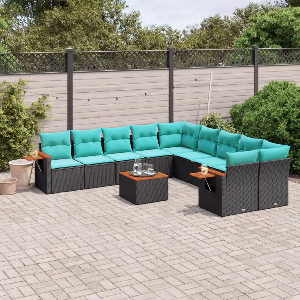 vidaXL Set Divani da Giardino 11 pz in Polyrattan con Cuscini e Tavolino da Esterno, Design Moderno a L, Colore Nero, Blu o Turchese – 1