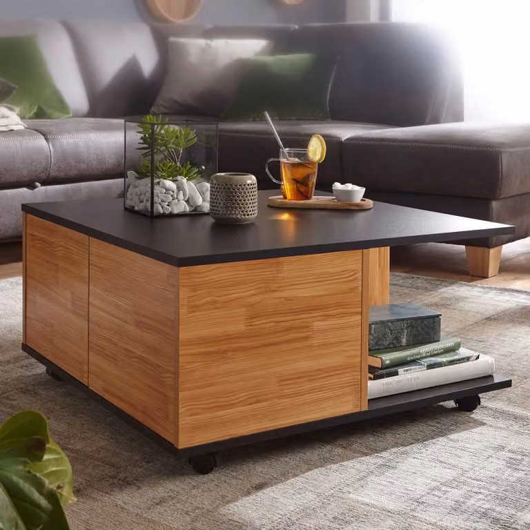 FineBuy Design Tavolino da salotto antracite / rovere sabbia 70x70 cm Tavolino da salotto con 2 cassetti Tavolino da divano con rotelle Tavolino con 2 scomparti