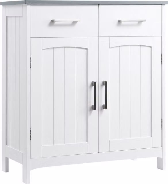 Mobiletto bagno salvaspazio slim kleankin in MDF bianco con 2 ante, 2 cassetti e ripiano regolabile, L: 68 cm, P: 33 cm, H: 76 cm