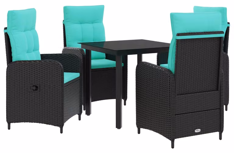 Set da pranzo per esterno, composto da 5 pezzi, realizzato in rattan in polietilene e acciaio con rivestimento a polvere