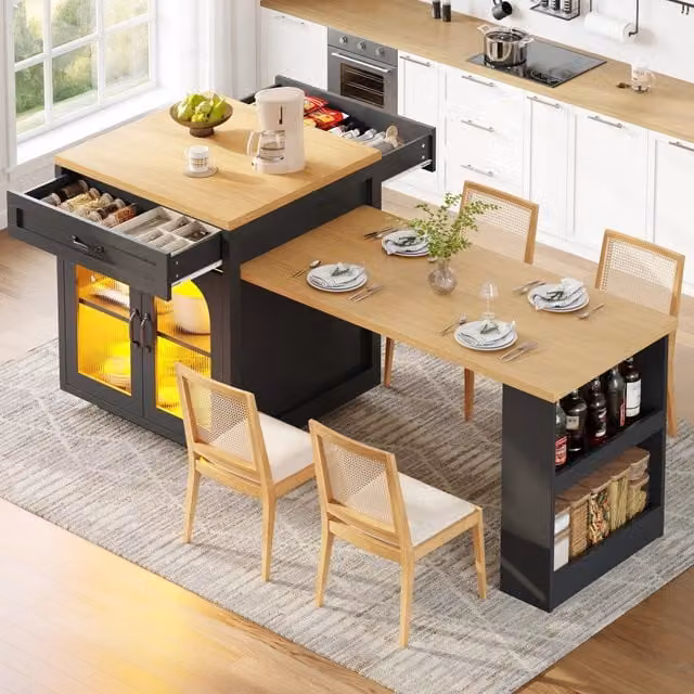 Isola da cucina estraibile con LED - Zephmum - 2 cassetti, ante in vetro, piano in MDF