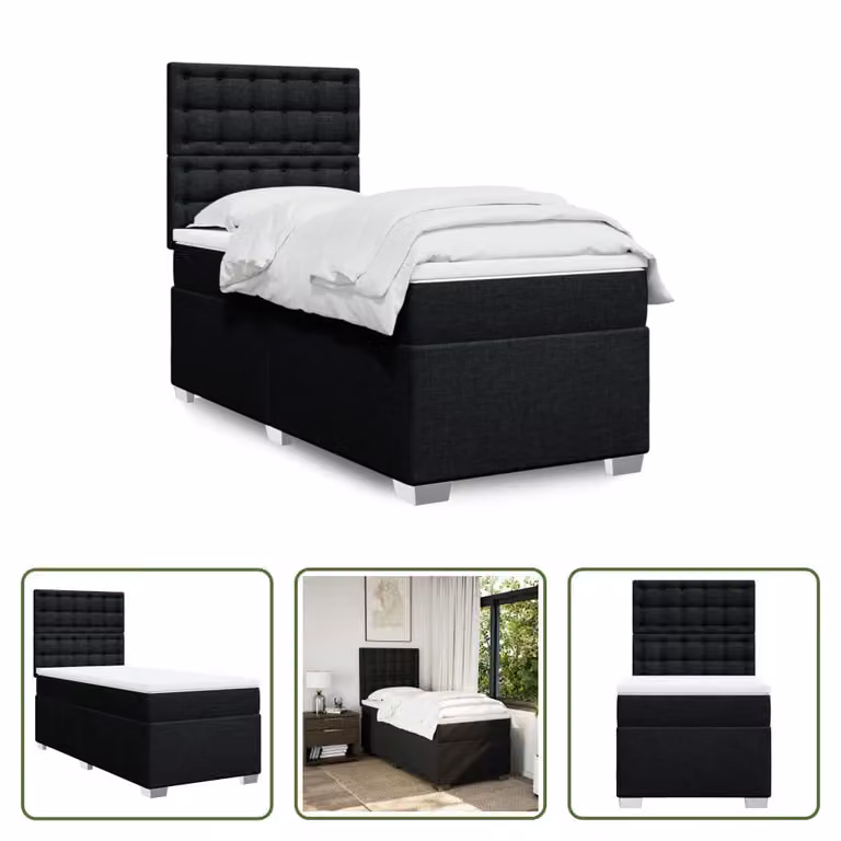 The Living Store Letto a molle con materasso nero 100x200 cm in tessuto