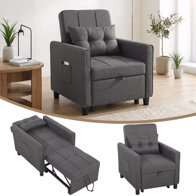 Poltrona Letto Singolo 3 in 1 in Tessuto Effetto Lino e Legno con Schienale Reclinabile, 69x82x85 cm, Grigio