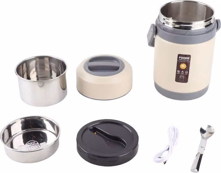 Pentola a pressione in acciaio inox, mini, portatile, temperatura costante, mantenimento del calore, sollevamento, beige