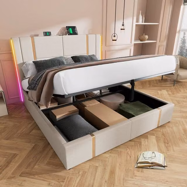 Letto contenitore matrimoniale 140×200 cm con LED RGB, USB e porta Tipo C, senza materasso, in lino beige