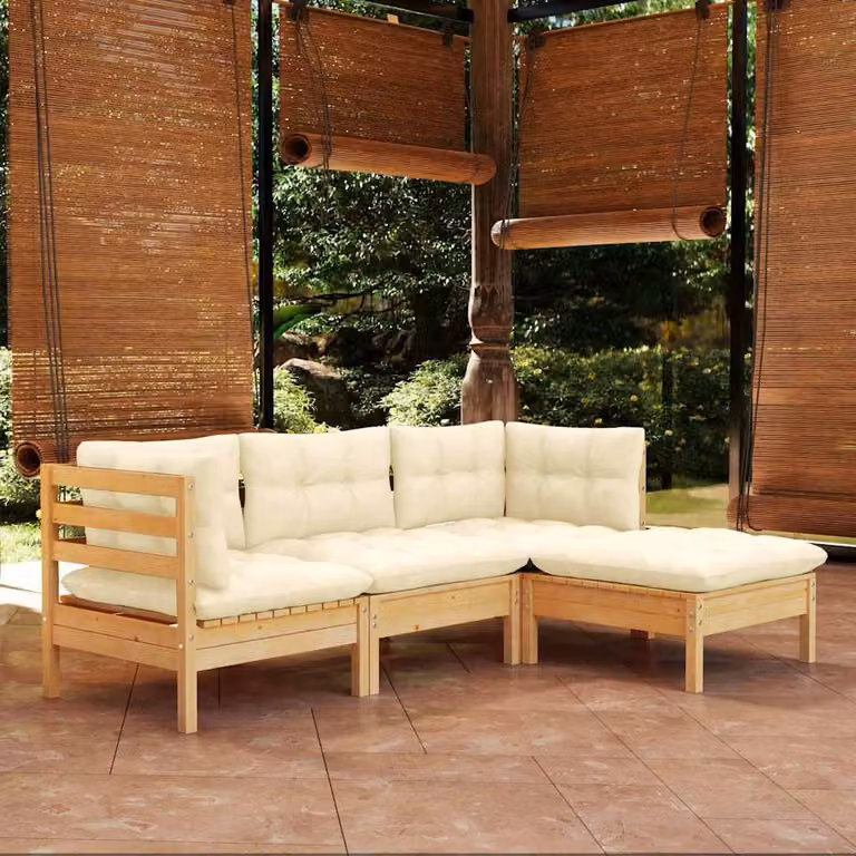 Set Salotto da Giardino vidaXL a L in Legno di Pino con Cuscini Beige, 4 Pezzi