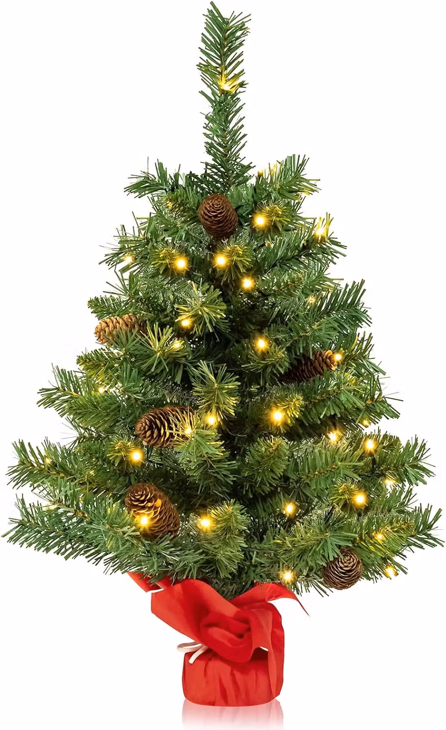 Albero di Natale artificiale da 64 cm, mini albero di Natale con 50 LED, 8 modalità di illuminazione e 8 pigne, alimentato a batterie, piccola decorazione natalizia da tavolo, base in cemento inclusa