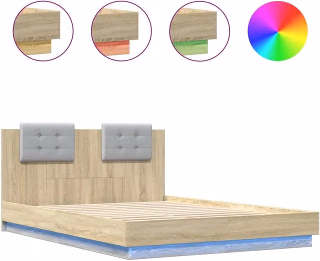 Letto matrimoniale moderno con testiera, illuminazione LED sottostante e porta di ricarica USB in Rovere Sonoma, L/P: 120 x 200 cm – 1