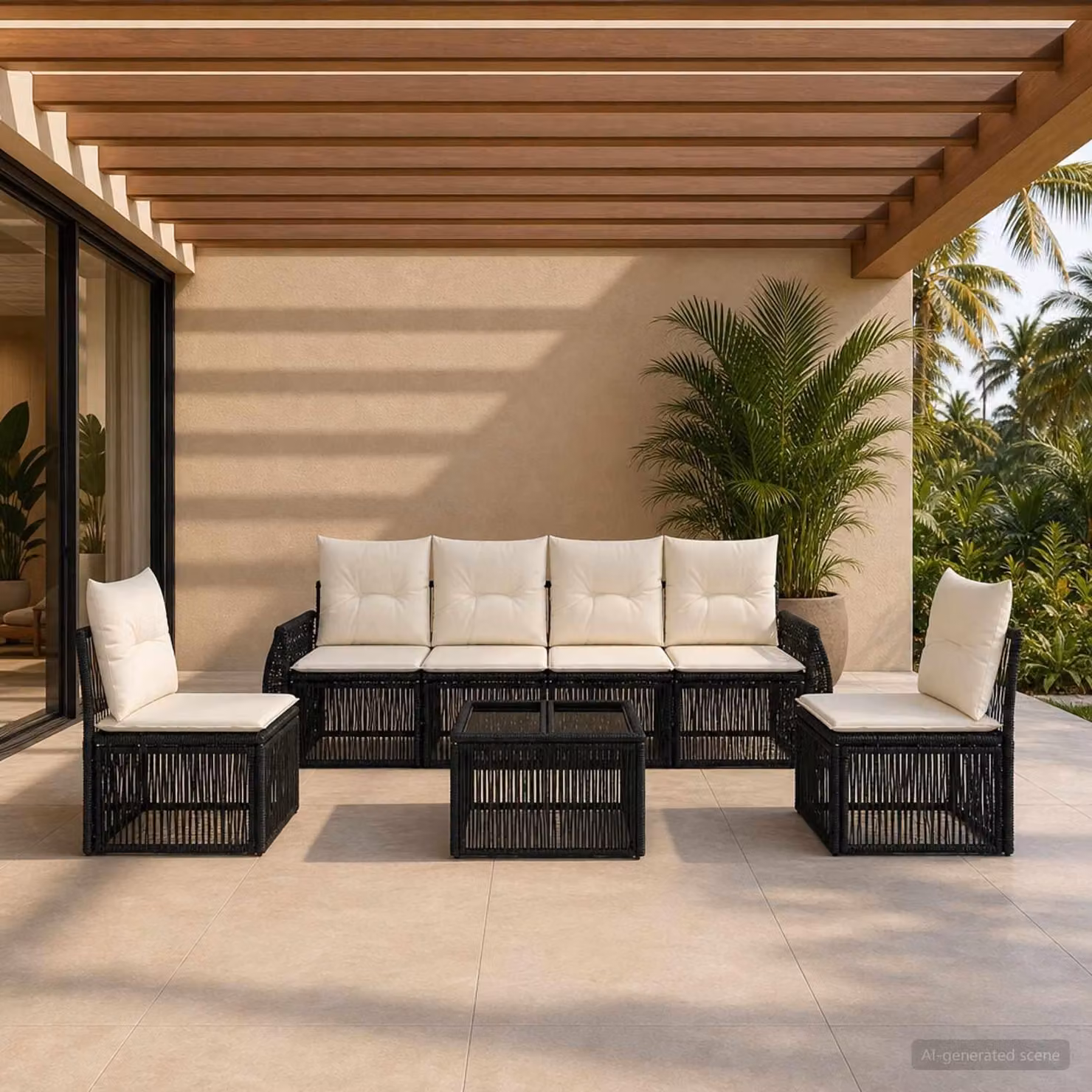Maison Exclusive - Set da giardino composto da 7 pezzi. Divano da giardino in rattan sintetico, colore nero e crema