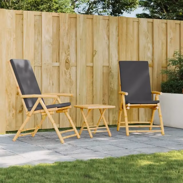 Set di 2 sedie da giardino pieghevoli e reclinabili vidaXL in bambù con cuscini grigi – 1