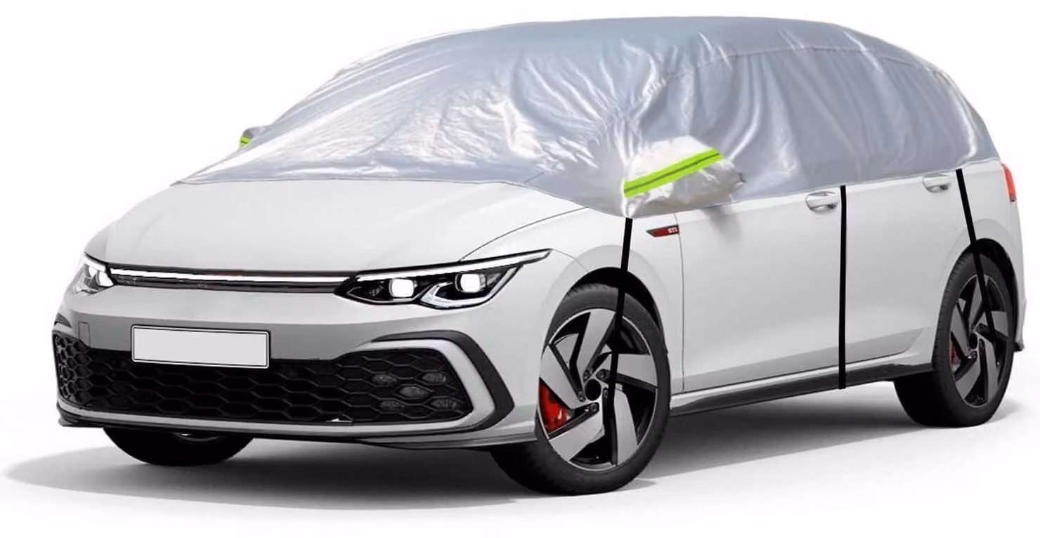 Copertura per auto, tipo "mezza garage", adatta a vetture con portellone inclinato fino a 440 cm, con strisce riflettenti