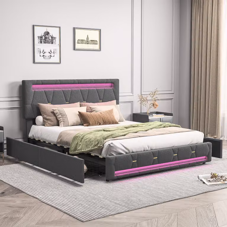 letto 140x200 cm con rete a doghe, illuminazione LED e USB, letto imbottito con 4 cassetti e ampio spazio di archiviazione, grigio