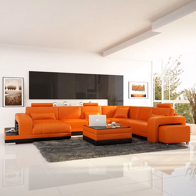 Design Leder Wohnlandschaft Eck Sofa Moderne Garnitur Couch Ecke Orange USB