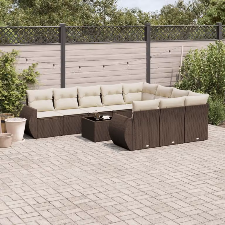 vidaXL Set Divani da Giardino 11 pz a Forma a U con Cuscini e Tavolino, Polyrattan Marrone e Bianco con Struttura in Acciaio e Vetro