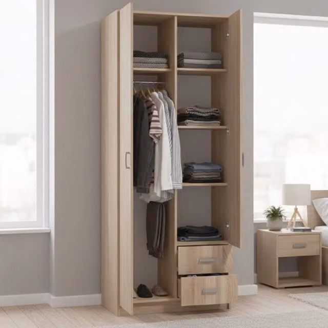 Armadio da camera da letto DMORA con ante a battente, appendiabiti e ripiani interni, colore marrone rovere e beige, L: 80 cm, H: 205 cm