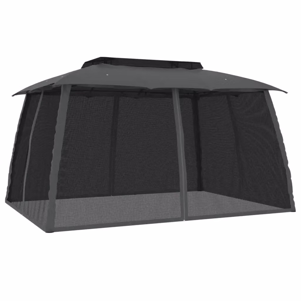 Gazebo Hip Videx con Tetto Doppio e Pareti in Rete, Acciaio e Poliestere, Colore Antracite/Nero, L: 393 cm, P: 293 cm, H: 278 cm – 2
