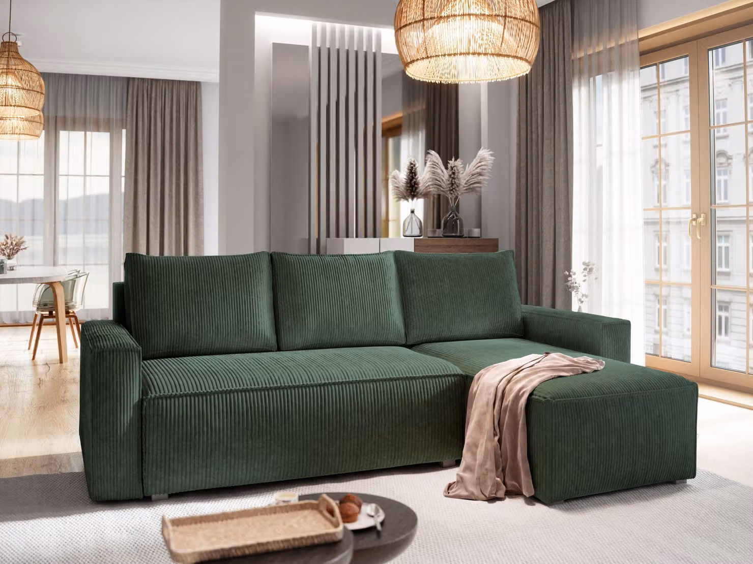 Divano angolare Masseno POTARO con funzione letto a L, divano con box letto, divano da salotto, divano, divano, divano letto, set di divani - verde, POSO 14