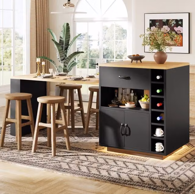 Isola da cucina con tavolo estraibile, 2 cassetti, 4 ante, nero/bianco, con illuminazione LED e portabottiglie