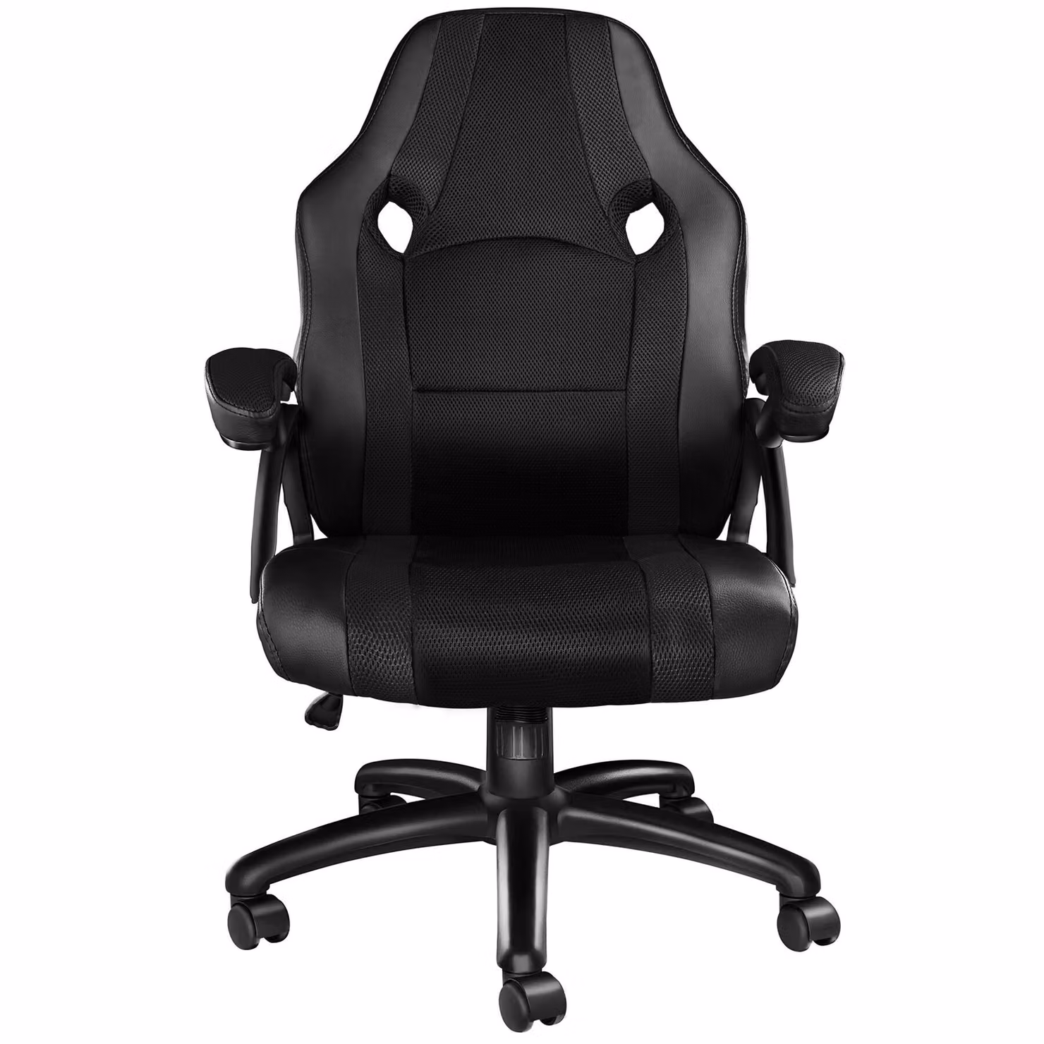 Sedia da gaming Tectake nera in ecopelle e tessuto con ruote e braccioli – 4