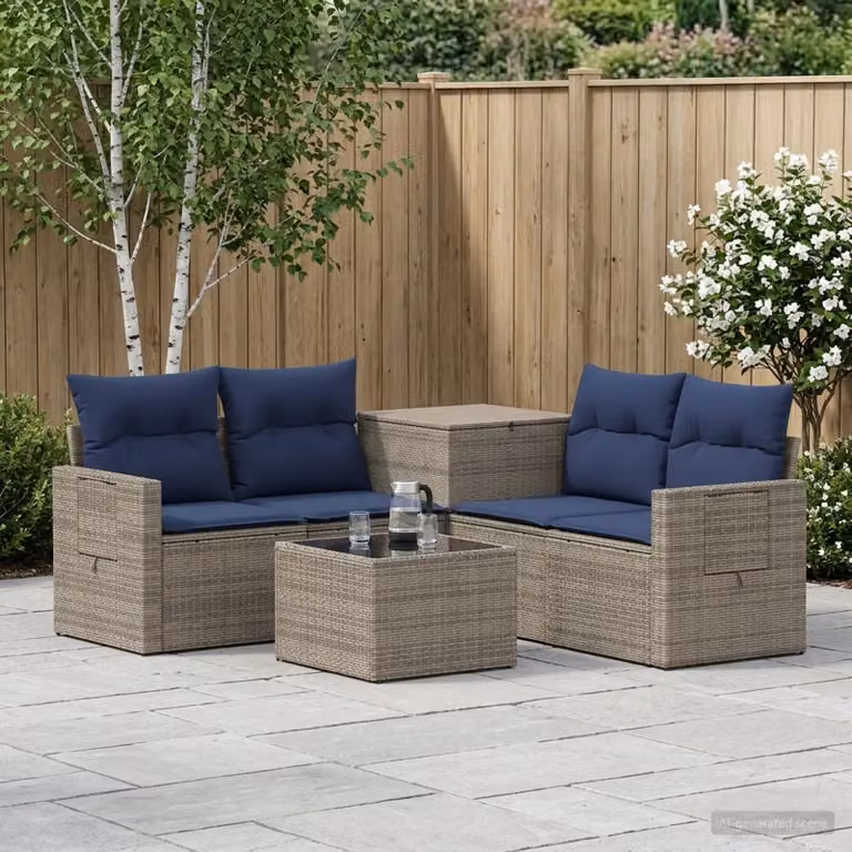 Set di divani da giardino vidaXL a forma di L con tavolo da caffè, 6 pezzi, Grigio e Blu Navy, in rattan sintetico e acciaio verniciato a polvere