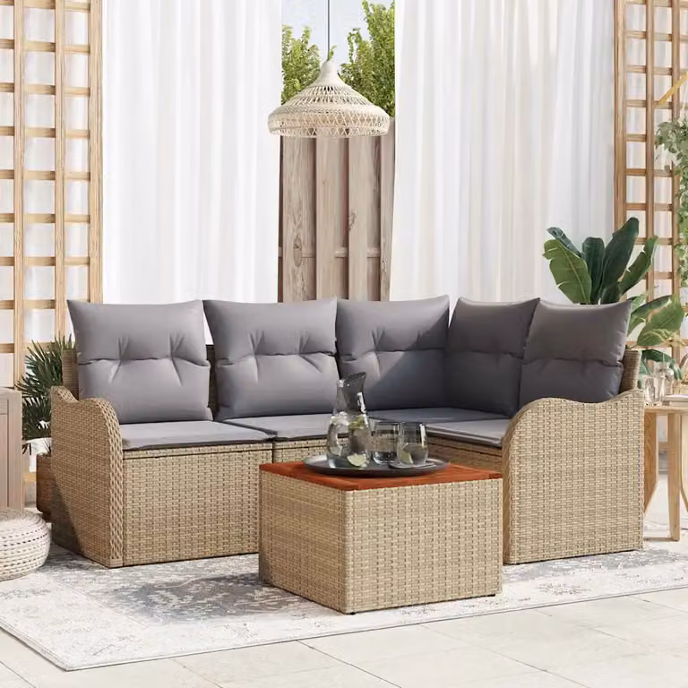 Set Divano da Giardino 5 Pezzi vidaXL in Polyrattan Beige con Cuscini e Tavolino per Terrazza o Giardino