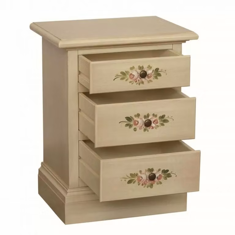 Comodino shabby chic in legno di pino con 3 cassetti e decori floreali Mobili 2G L/P/H: 50 x 38 x 65 cm