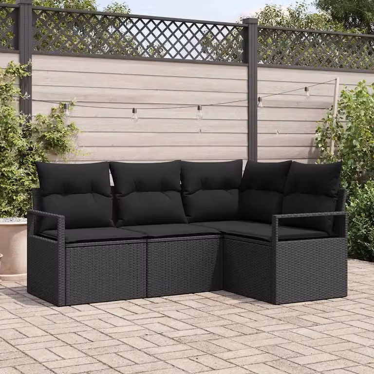 Set di divani da giardino a forma di L vidaXL in rattan nero con cuscini inclusi e struttura in acciaio verniciato a polvere