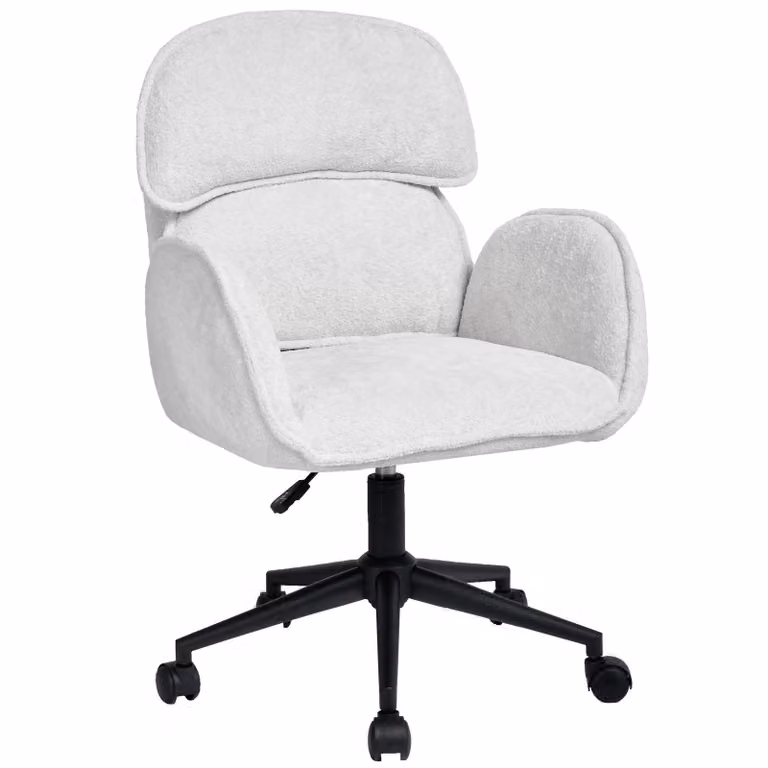 Sedia da ufficio girevole a 360° in velluto teddy, sedia da scrivania regolabile in altezza con braccioli e schienale diviso, colore bianco