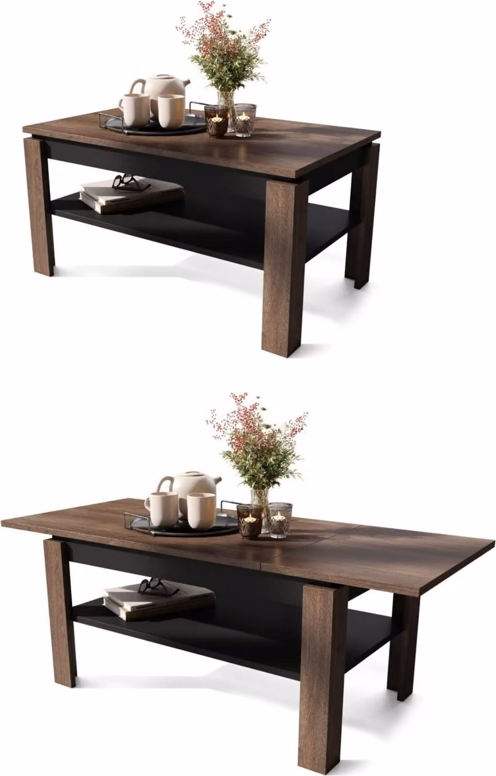Tavolino da salotto All4All Asti, R, tavolino da salotto, tavolino da caffè, tavolino con vano portaoggetti, tavolino da divano con ripiano, allungabile fino a 140 cm, 100x60 cm, rovere marrone + nero