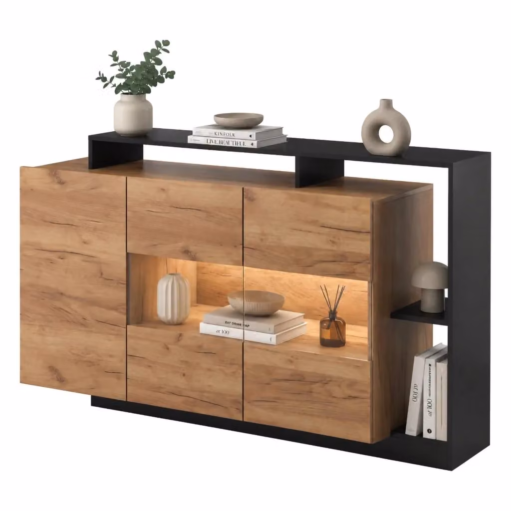 Madia Hafa DMORA con 7 ripiani e illuminazione integrata, finitura rovere marrone, L 155 cm x P 44 cm x H 94 cm – 2