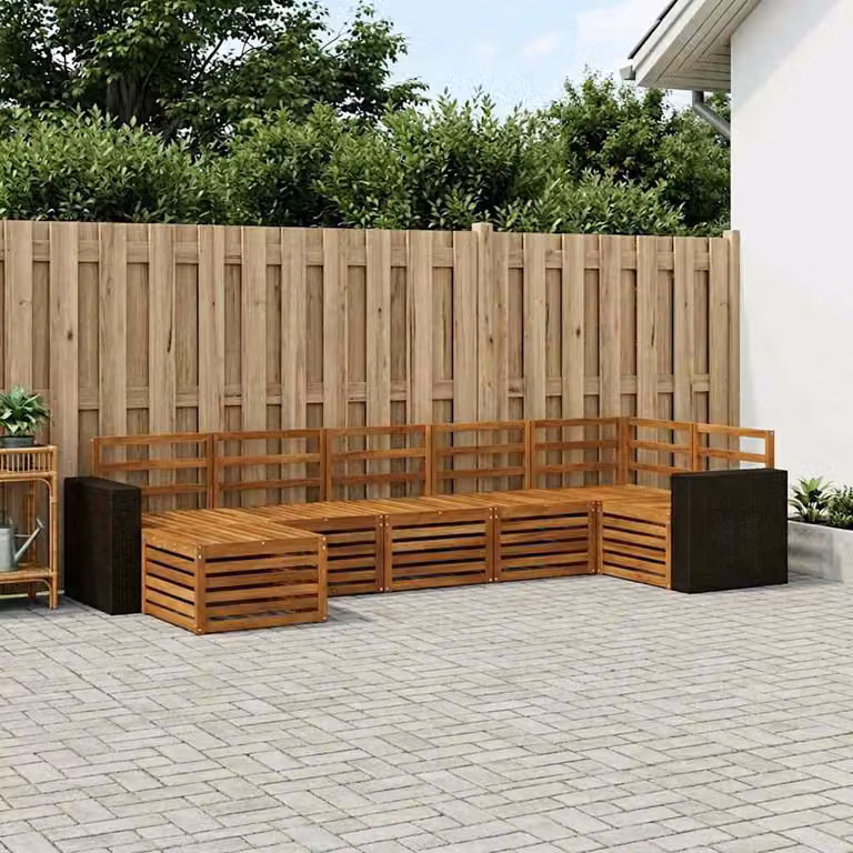 Set di divani da esterno vidaXL 7 pz in legno di acacia marrone con cuscini e pouf a forma di L per giardino e terrazza