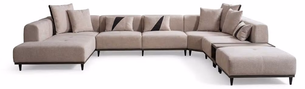 Divano ad angolo a forma di "U", beige, in tessuto, con struttura in legno, design moderno e contemporaneo, tinta unita, confortevole