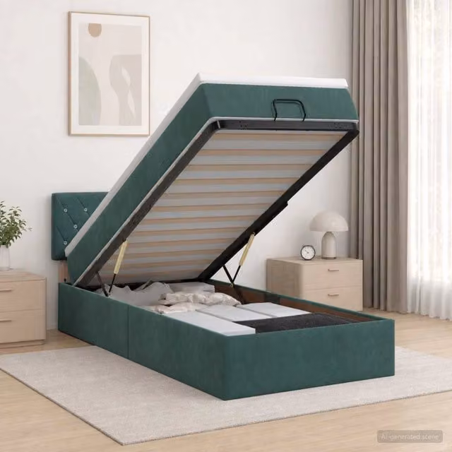 Letto ottomano con materasso vidaXL in velluto verde e bianco con contenitore a sollevamento L 90 x 200 x 128 cm